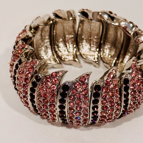 Cuff Bracelet Silver Tone Metal Base Burgundy & Pink Rhinestones EUC Expandable - Picture 3 of 7